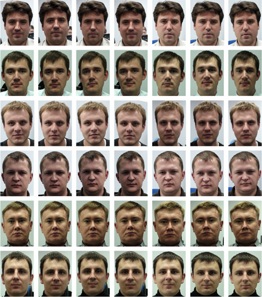 Фрагмент базы изображений лиц, содержащий 6 персон по 7 реализаций каждой персоны