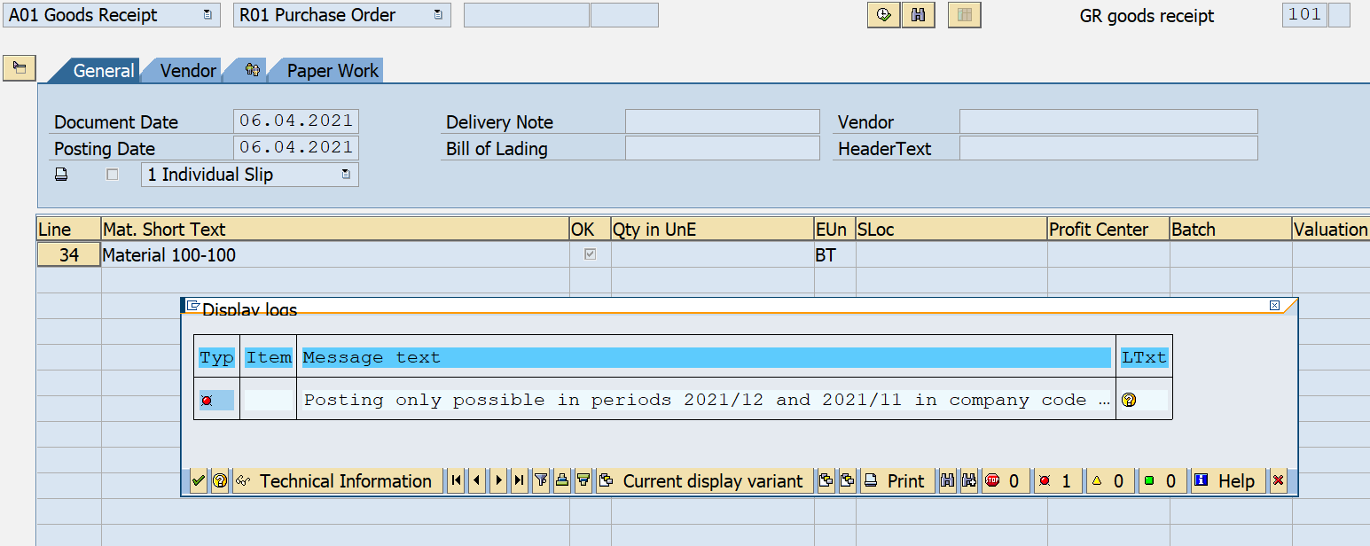 Screenshot from SAP ERP system displaying  error message if something went wrong